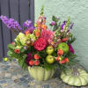 Bold colors and textures come alive in this frestive design, where dahlias