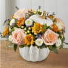  Arrangement with peach roses, white button poms, autumn-colored daisy poms and