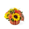 Great autumn keepsake container with sunflowers and roses! This year&#039;s pumpkin does