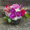 This arrangement has three Orchid, hydrangeas, roses, spray roses, alstroemeria, tulips and