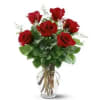 6 Red Roses in a vase with greenery and a vase. 