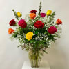 Mixed Dozen Roses with W/ Filler in a Glass Vase. Filler Flowers