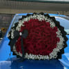 50 Rose bouquet surrounded by a baby breath rim .
