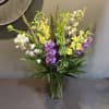 This show-stopping bouquet is filled with snapdragon, delphinium, gladiola, stock, and more.

Measures