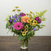 Colored mason jar 6&quot; - designer choice of fall flowers mixed in
