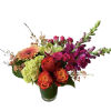 Orange roses, hot pink spray roses, green hydrangea, peach gerbera daisy, pink