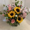 SUNFLOWERS, PINK ROSES, ALSTROEMERIA, STOCK AND MISC FILLERS IN A 5&quot; CLEAR