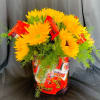 SUNFLOWERS IN A CUSTOM VASE, FILLED WITH CANDY.