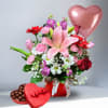 Recipe: Pink Lilies, Red Roses, Purple Stock, Red Gerbera Daisies, Pink Tulips