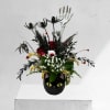 Recipe: Red Roses, Yellow Amaranthus, Black Eryngium, Black Eucalyptus, Babies Breath, and