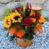Autumn Pumpkin Vase with Sunflowers, Orange Roses, Red, Green and Orange Chrysantemums