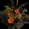 Orange Gerberas, Red Roses, Lavendar Lisianthus, Yellow Solidago, Auburn Mums, Purple Kale