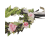 Soft pink roses, eucalyptus and garden accents. Ribbon color your choice. 