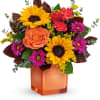 Midnight Harvest Bouquet brings autumn magic with orange roses, sunny sunflowers, and