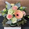 Roses, Gerberas, and Lisianthus, arranged in a cylinder vase.  Great as