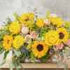 This unique spring design includes roses, sunflowers, hydrangea, light pink spray roses