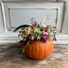 A small pumpkin is adorned with dried materials, succulents, and mosses for