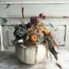 A small pumpkin is adorned with dried materials, succulents, and mosses for