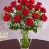 18 Long Stem Red Roses arranged in Vase with greenery and babies
