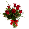 6 Red Roses in a vase with beautiful greenery and filler