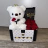 Chest with teddy bear, natural red roses, I love you topper, Ferrero