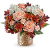 Sparkling Blooms Bouquet includes peach roses, white alstroemeria, peach miniature carnations, bronze