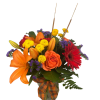 Fall arrangement of lilies, carnations, roses, gerbera daisies, button poms and fall