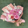 15 pink and peach roses, white stock and hydrangea