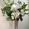White Phalaenopsis Orchid blooms , White Hydrangeas, Bells of Ireland ,green in