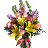 Yellow Asiatic Lilies, Lavender Stock, Pink Snapdragons, Bells of Ireland, Coral Roses
