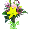 Two Carnations, Asiatic Lily, Waxflower with greenery in glass vase tied with