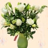 Create a captivating description for a unique white flower garden gift arrangement.