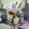 Blue Delphinium, Pink Oriental Lilly, Yellow Roses, Yellow Tulips, Hydrangeas,  Monte
