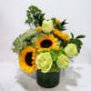 This arrangement has sunflowers, green roses, craspedias, a hydrangea, queens lace, tracelium