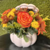 Crackle white ceramic pumpkin. (Cookie jar) with Orange Roses,
Solidago, Button Pom Yellow