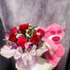 Fresh flowers design with lovable bear hug expression of love and caring