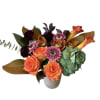 Orange rose, orchids, mini gerbera daisys, orange calla lily, scabiosa, and more
