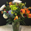  Hydrangea, Asiatic Lilies, Roses, Spider Mums, Min. Sunflowers(Seasonal) , Green Button