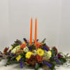 Fall centerpiece in a low dish with candles. Perfect for thanksgiving!!