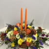 Fall centerpiece in a low dish with candles. Perfect for thanksgiving!!
