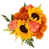 Wrapped Bouquet with muted bronzes, yellows and oranges.
Includes Sunflowers, Chrysanthemums, Carnations, mixed