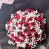 50 fresh red hand-picked roses tied un in bouquet with baby breath