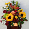 Roses, sunflowers, and more arranged in 5&quot; orange ceramic cube.