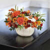 fall mix Orange roses, orange alstroemeria, miniature maroon carnations, and yellow 