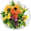 This stunning bouquet features a vibrant combination of sunflowers and roses, creating
