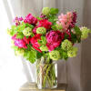 Hot pink #peonies with vibernum and roses. Send the best flowers from