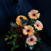 Bright orange gerberas, yellow button spray chrysanthemums, red cushion spray chrysanthemums, birch