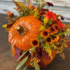 A mixture of Fall Blooms Designed in a Fresh 6x 6&quot; Pumpkin.