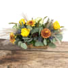 An earthy arrangement with dried accents in a contemporary, woven container. 