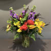 A contemporary bouquet designed with many MN Grown blooms including alstroemeria and